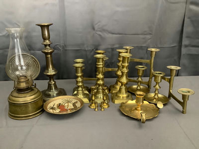 Brass Candleholders + Oil Lamp - Image 1 of 12