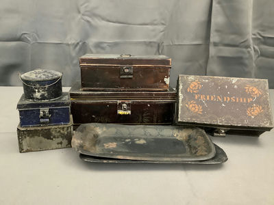 Antique Tin Boxes + Plates - Image 1 of 13