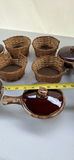 Set of (4) Vintage Hull Oven Proof USA French Onion Soup Bowls (in “Brown Drip) With Matching Lids And Woven Wicker Baskets/Cozies - thumbnail 6 of 11