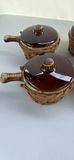 Set of (4) Vintage Hull Oven Proof USA French Onion Soup Bowls (in “Brown Drip) With Matching Lids And Woven Wicker Baskets/Cozies - thumbnail 8 of 11