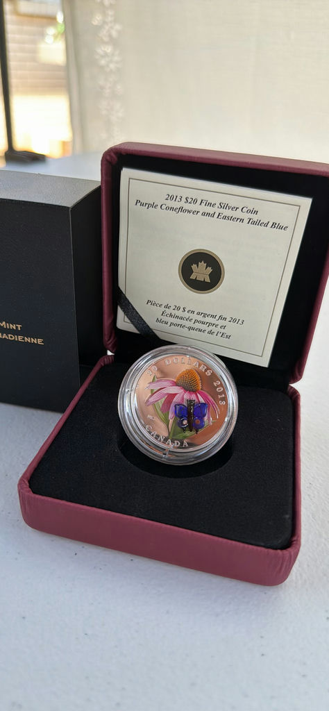 Royal Canadian Mint 2013 $20 Fine Silver Coin Purple Coneflower and Eastern Tailed Blue
