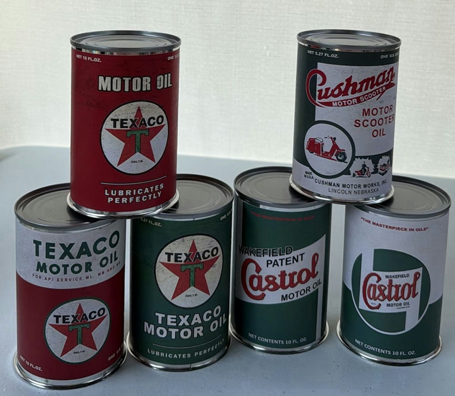 (6) Vintage Style MINI Texaco, Castrol, and Cushman Motor Oil Tin Containers - image 1 of 5