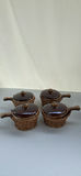 Set of (4) Vintage Hull Oven Proof USA French Onion Soup Bowls (in “Brown Drip) With Matching Lids And Woven Wicker Baskets/Cozies - thumbnail 1 of 11