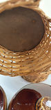 Set of (4) Vintage Hull Oven Proof USA French Onion Soup Bowls (in “Brown Drip) With Matching Lids And Woven Wicker Baskets/Cozies - thumbnail 3 of 11