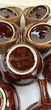 Set of (4) Vintage Hull Oven Proof USA French Onion Soup Bowls (in “Brown Drip) With Matching Lids And Woven Wicker Baskets/Cozies - thumbnail 2 of 11