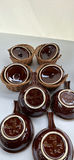 Set of (4) Vintage Hull Oven Proof USA French Onion Soup Bowls (in “Brown Drip) With Matching Lids And Woven Wicker Baskets/Cozies - thumbnail 4 of 11