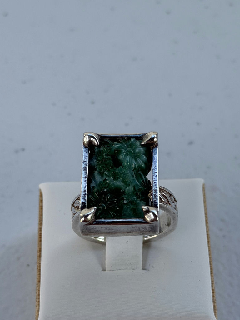 Sterling Silver Ring with Green Rectangular Stone - image 1 of 15