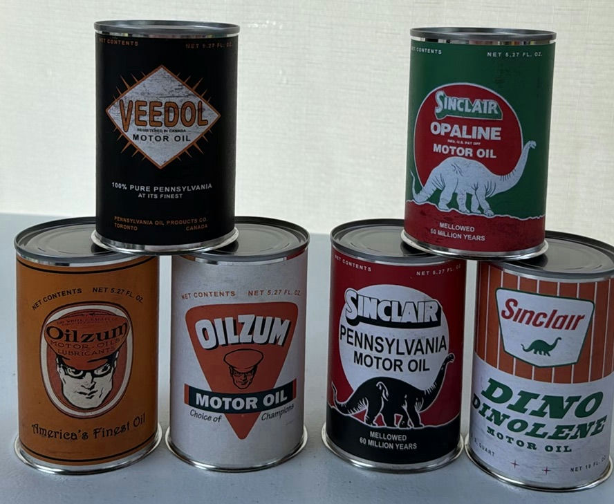 Set of (6) Vintage Style Mini Motor Oil Cans - Sinclair, Dino, Oilzum - image 1 of 5