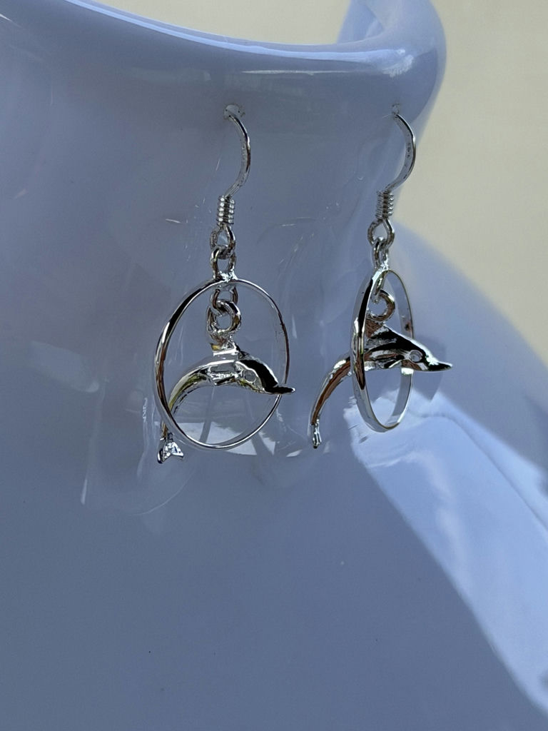 Pair of Sterling Silver Dolphin Hoop Earrings - image 1 of 10