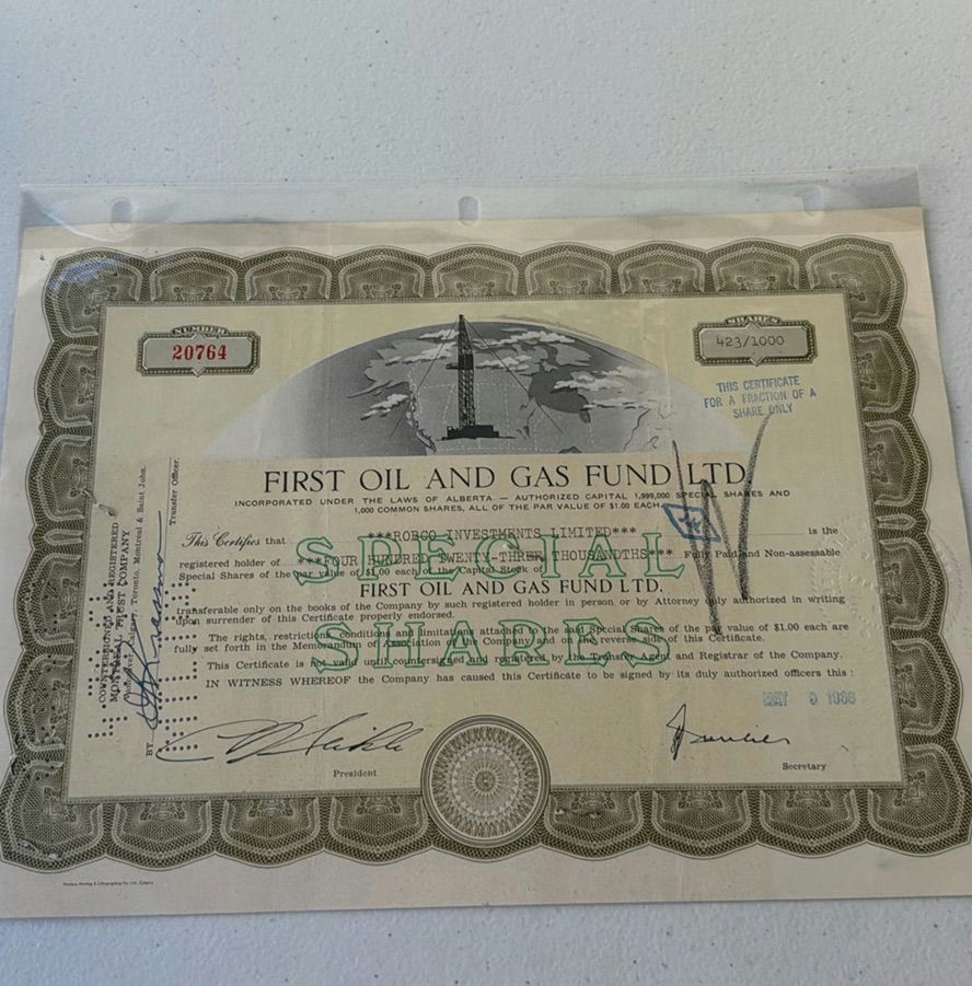 First Oil and Gas Fund Ltd Vintage Share Certificate - image 1 of 6