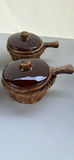 Set of (4) Vintage Hull Oven Proof USA French Onion Soup Bowls (in “Brown Drip) With Matching Lids And Woven Wicker Baskets/Cozies - thumbnail 9 of 11