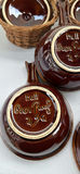 Set of (4) Vintage Hull Oven Proof USA French Onion Soup Bowls (in “Brown Drip) With Matching Lids And Woven Wicker Baskets/Cozies - thumbnail 10 of 11
