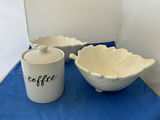 2 Large Leaf Shaped Snack Bowls and a Stoneware Coffee Crock - thumbnail 1 of 9