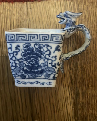 Chinese Dragon Handled Blue Transferware Teacup - Image 1 of 6