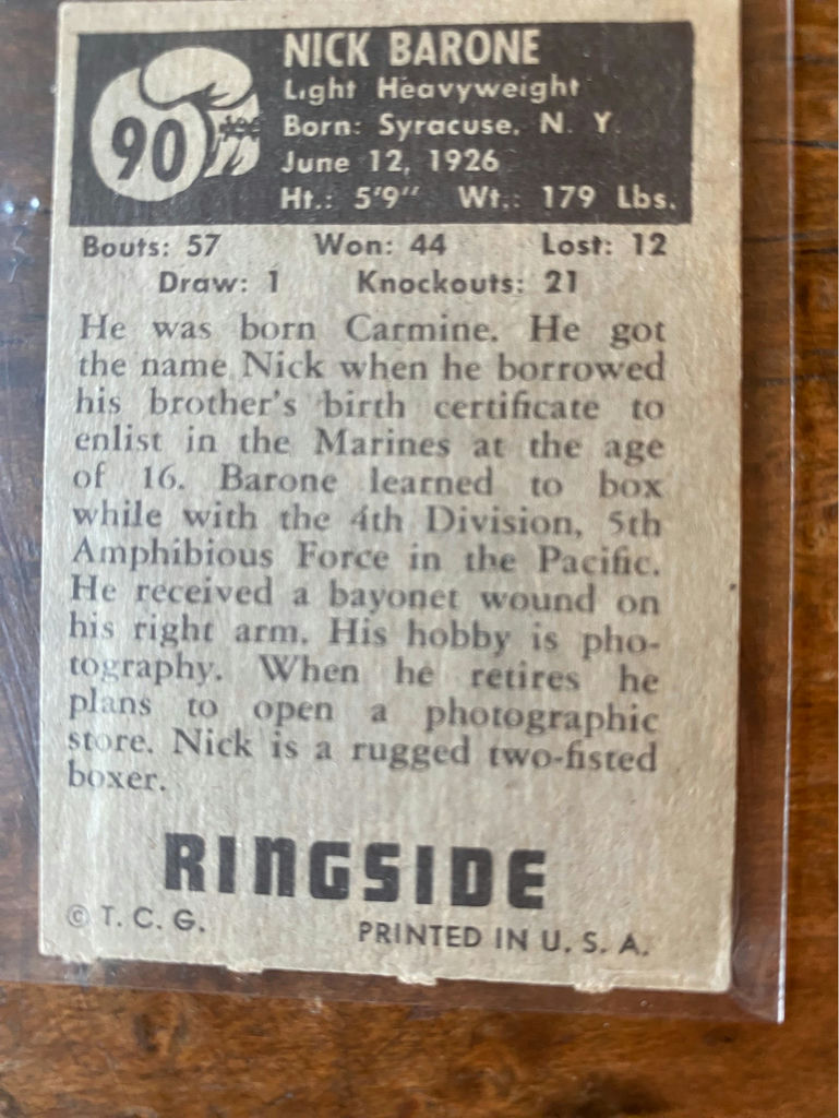Nick Barrone - Light Heavyweight Ringside Trading Card - image 2 of 2
