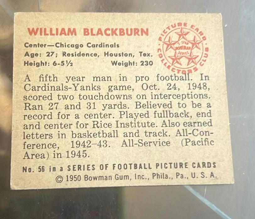 William Blackburn 1950 Bowman Football #56 Card Chicago Cardinals - image 2 of 2