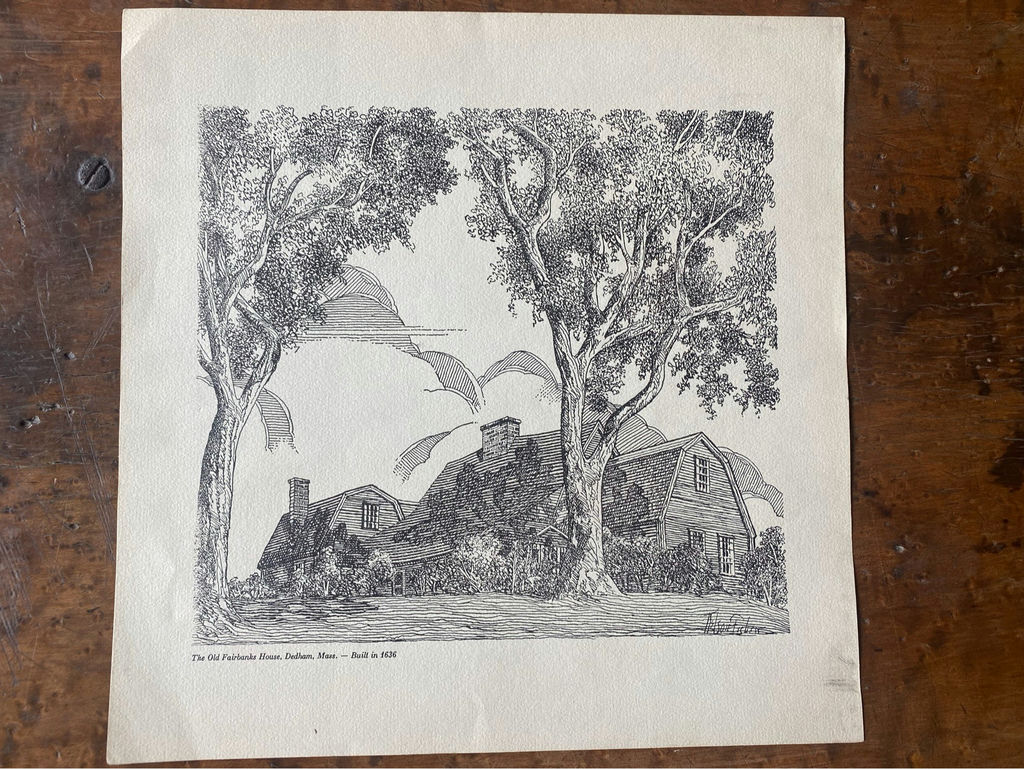 The Oldest House in North East US The Old Fairbanks House Vintage Nelson Fisher Engraving - image 1 of 4