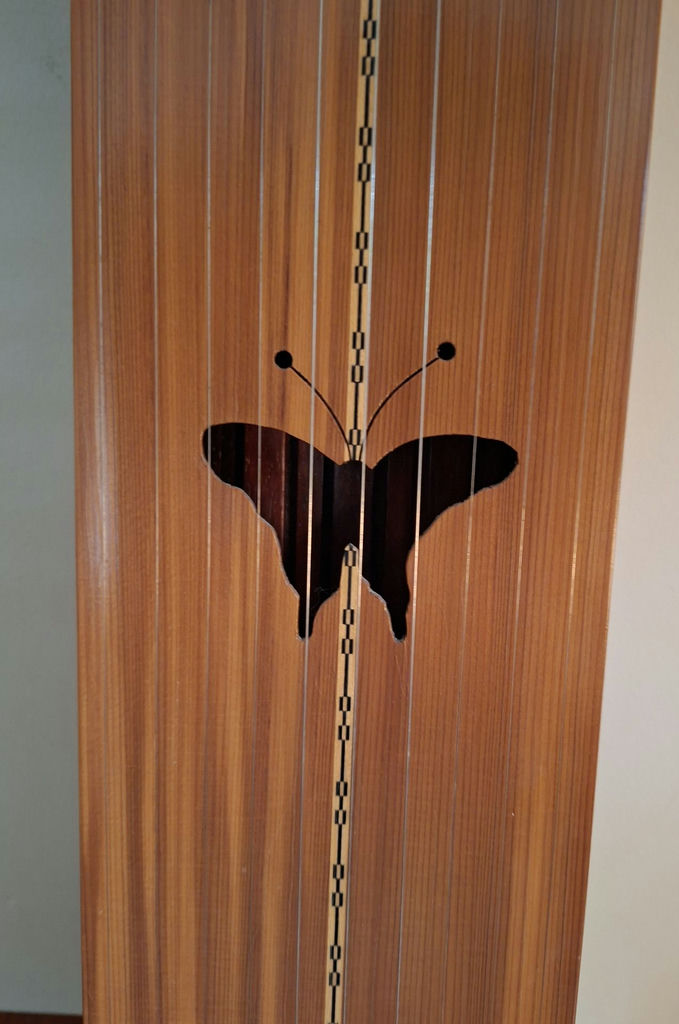 Handmade Carved And Inlayed Wooden Stringed Instrument with Butterfly Cutout, And Inlayed Designs, STUNNING - image 3 of 7