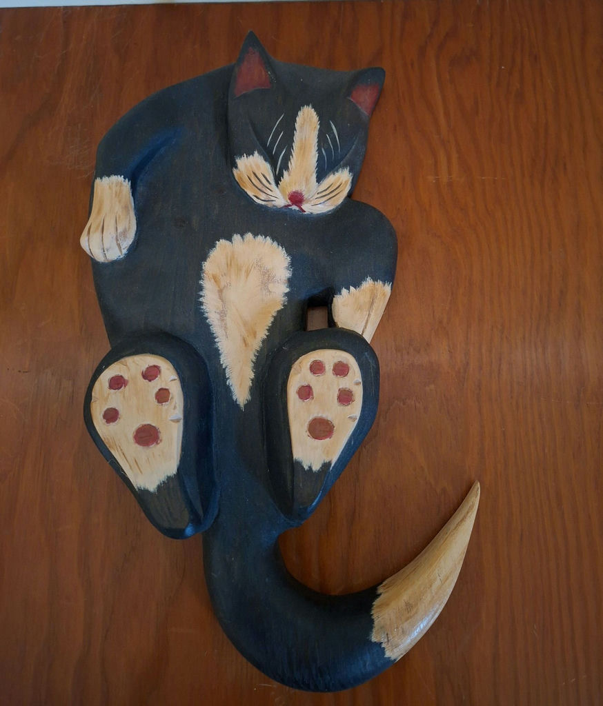 Hand-Carved Wooden Cat Wall Hanging, SIGNED AND DATED 1996 - image 1 of 6