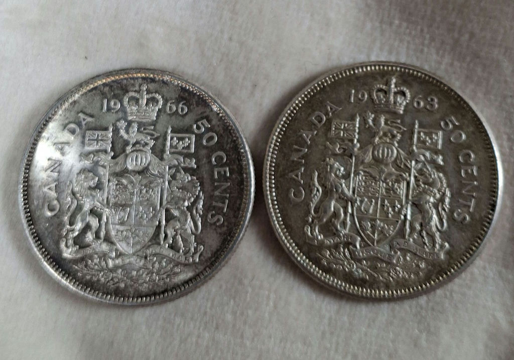 Two Canadian Silver Half Dollar 50C Coins 1963 and 1966 - image 2 of 7