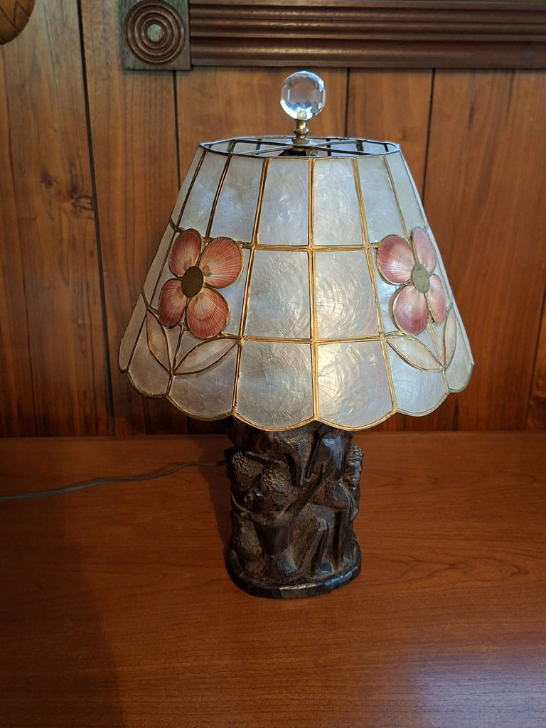 Table Lamp with Floral Shade and Carved Wooden Base - image 1 of 5