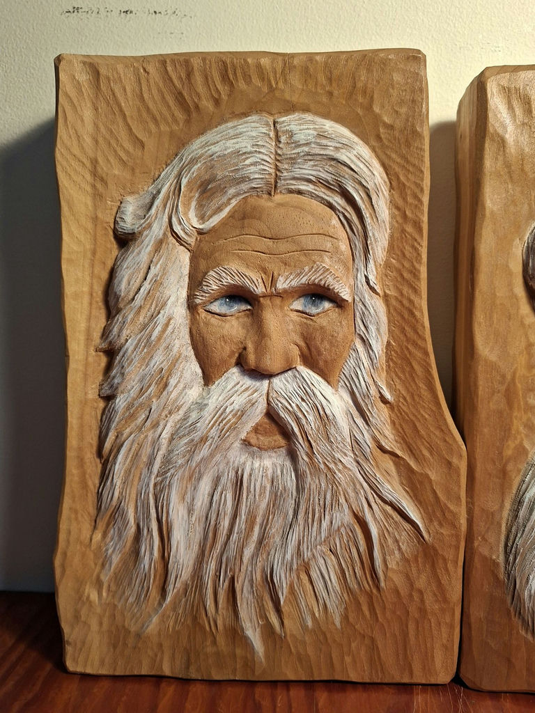 Pair of Hand-Carved Wooden Face Plaques by Jerry Kowalski, SIGNED - image 2 of 5