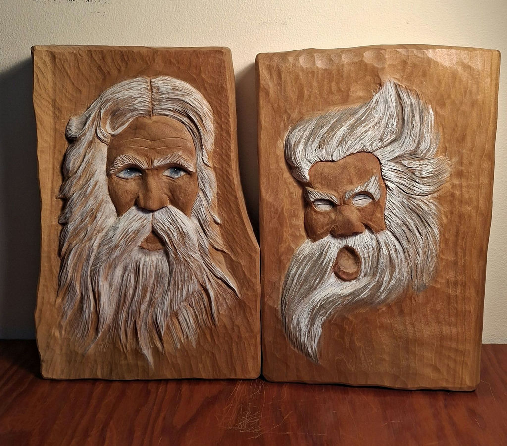 Pair of Hand-Carved Wooden Face Plaques by Jerry Kowalski, SIGNED - image 1 of 5