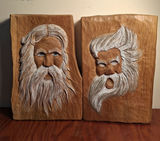 Pair of Hand-Carved Wooden Face Plaques by Jerry Kowalski, SIGNED - thumbnail 1 of 5