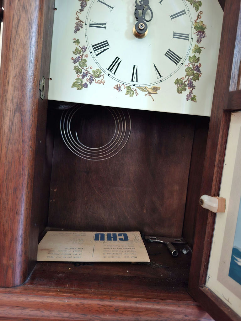 Vintage Wooden Mantel Clock with Ship Illustration - image 3 of 8