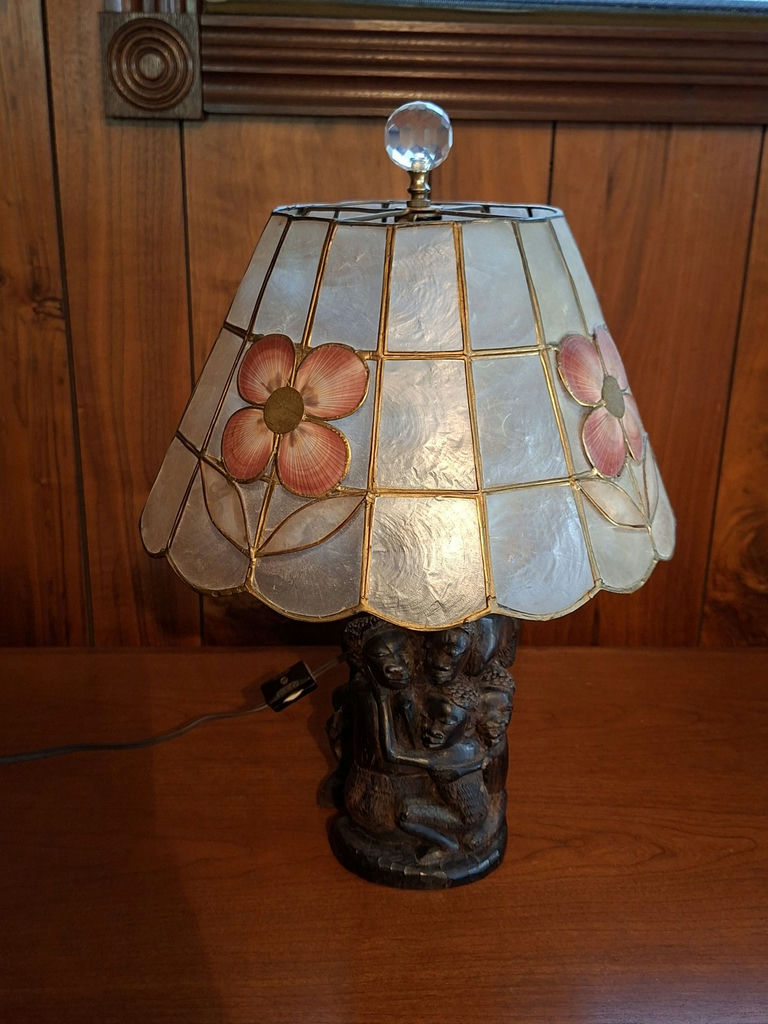 Table Lamp with Floral Shade and Carved Wooden Base - image 2 of 5