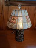 Table Lamp with Floral Shade and Carved Wooden Base - thumbnail 2 of 5