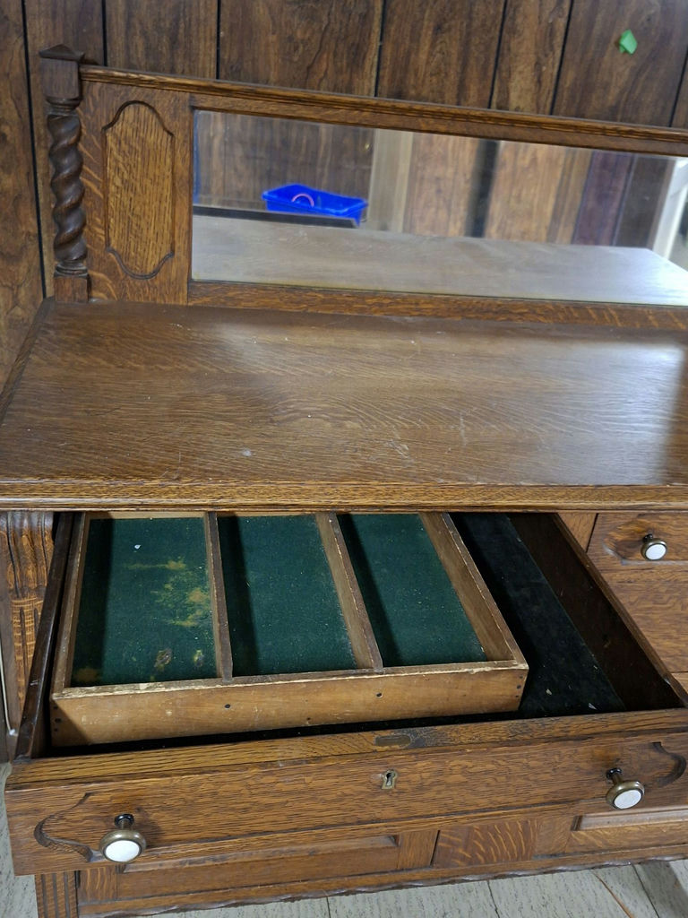 Antique Oak Sideboard Buffet with Mirror - image 5 of 9