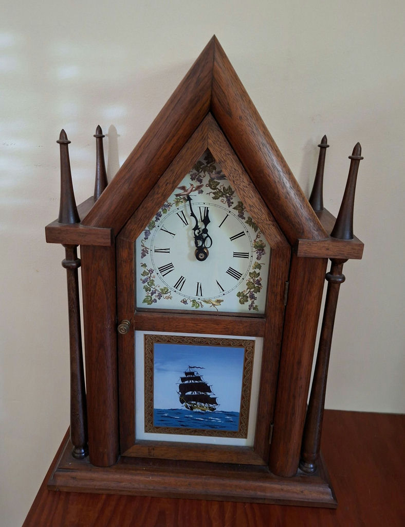 Vintage Wooden Mantel Clock with Ship Illustration - image 1 of 8