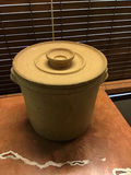 Tan stoneware crock with lid - thumbnail 1 of 2
