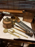 Antique copper kettle with brass utensils and vintage kitchen tools - thumbnail 1 of 6