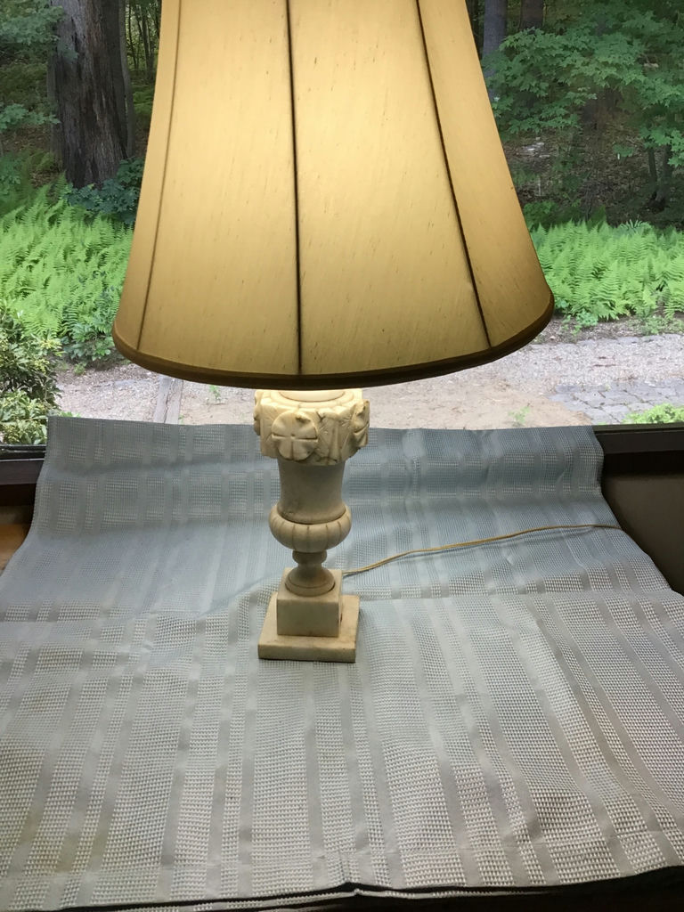 Table lamp with carved pedestal base and beige lampshade - image 2 of 3