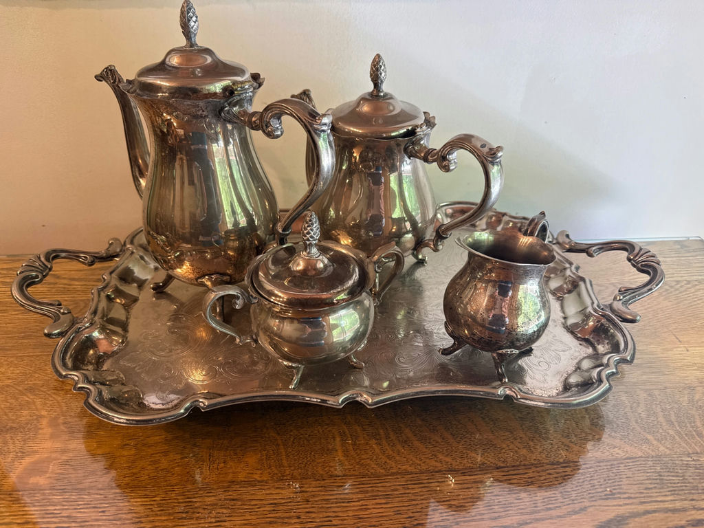 Silver-plated tea and coffee service on an ornate tray - image 1 of 2