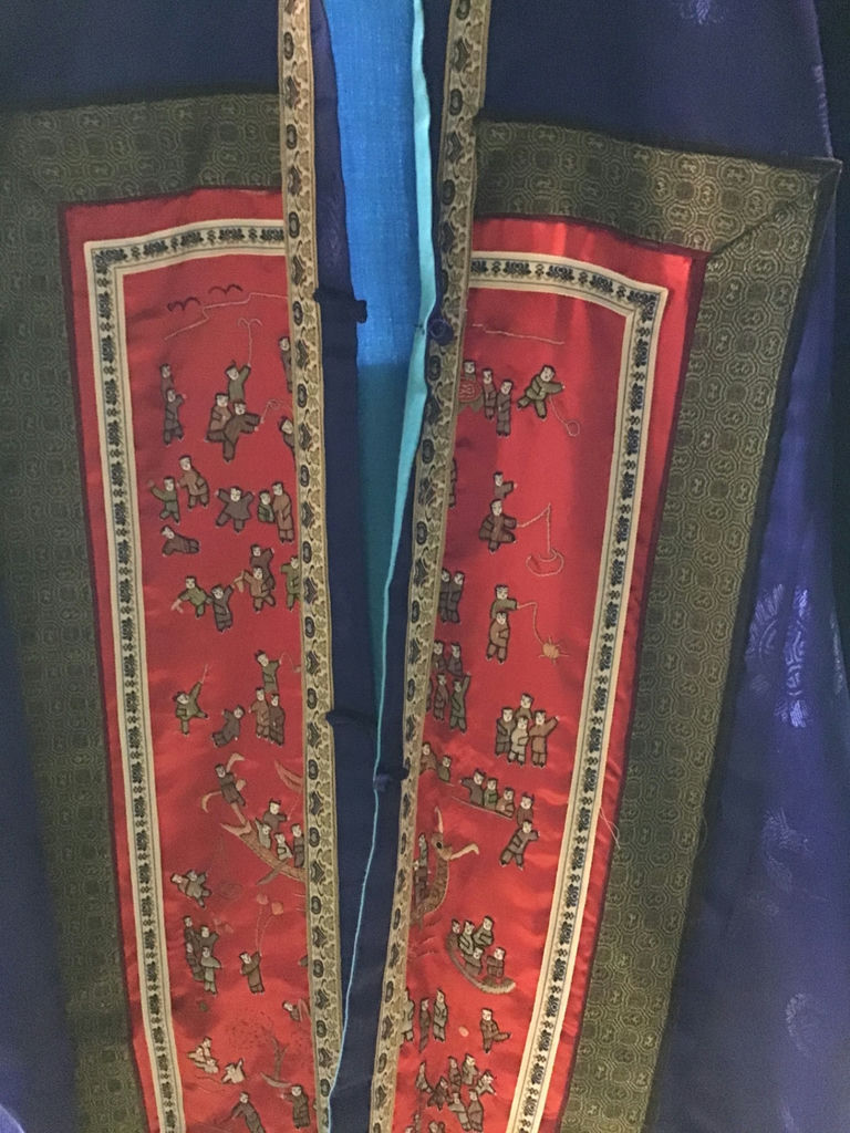 Blue Silk Traditional Coat with Red Panel Embroidery and Chinese Porcelain Tea Set - image 3 of 6