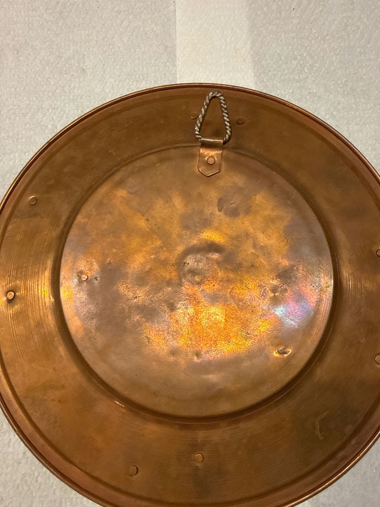 Copper decorative charger plate with silver embossed dragon motif - image 1 of 2
