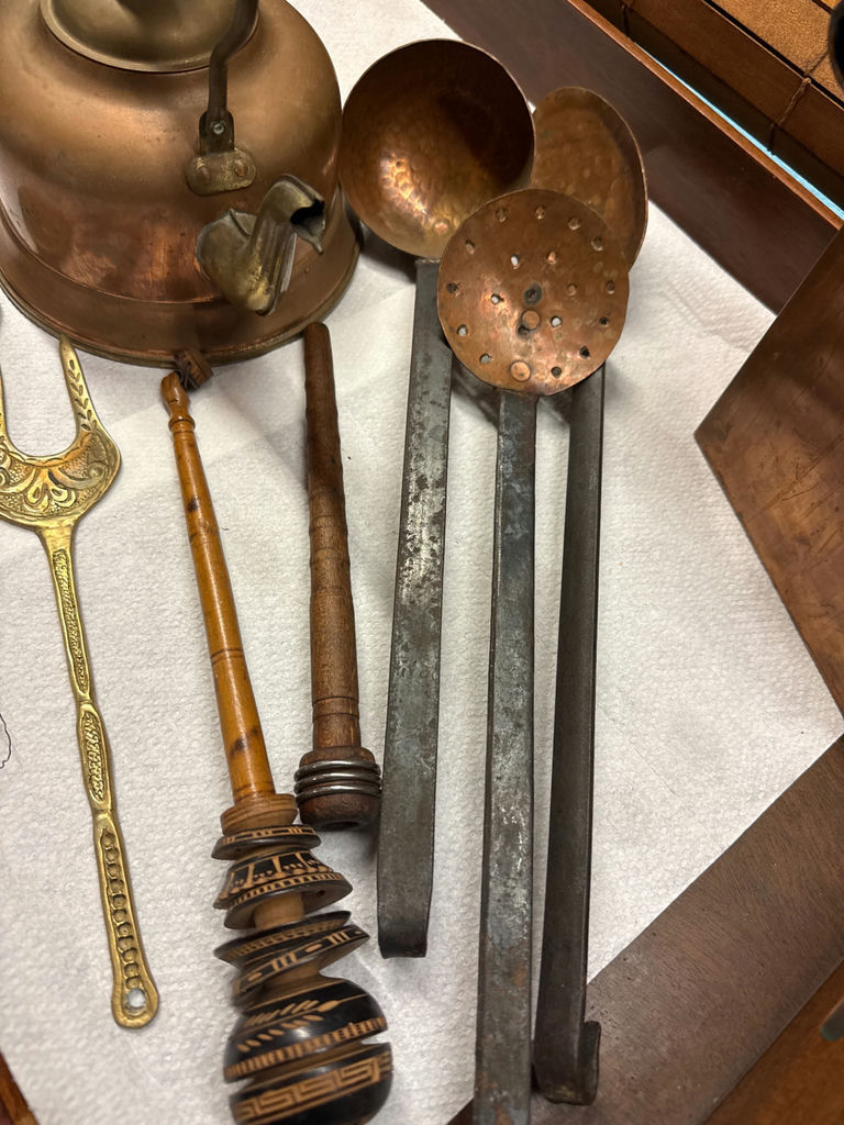 Antique copper kettle with brass utensils and vintage kitchen tools - image 2 of 6