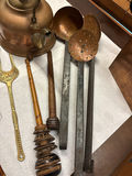 Antique copper kettle with brass utensils and vintage kitchen tools - thumbnail 2 of 6
