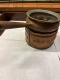 Group of vintage copper kitchenware: pot with wooden handle, mug, and perforated insert - thumbnail 2 of 5
