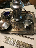 Antique silver tea service with samovar on ornate tray - thumbnail 3 of 4