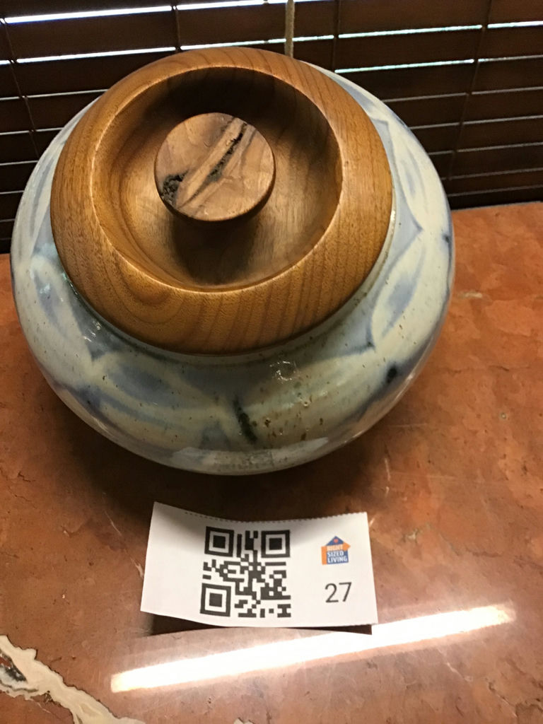 Blue glazed ceramic jar with wooden lid - image 1 of 3