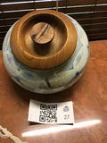 Blue glazed ceramic jar with wooden lid - thumbnail 1 of 3