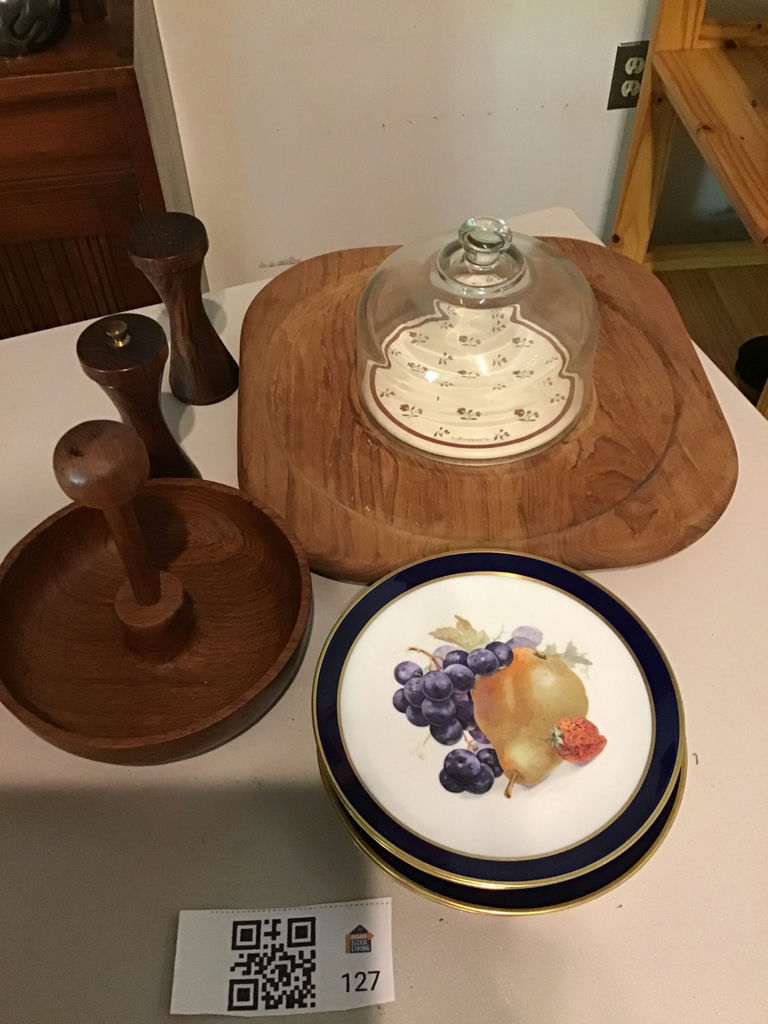 Fruit-patterned cobalt-rim plates with wooden cake stand and pepper mills - image 1 of 3