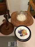 Fruit-patterned cobalt-rim plates with wooden cake stand and pepper mills - thumbnail 1 of 3