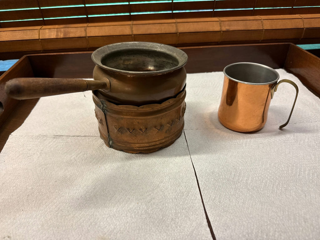 Group of vintage copper kitchenware: pot with wooden handle, mug, and perforated insert - image 1 of 5