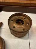 Group of vintage copper kitchenware: pot with wooden handle, mug, and perforated insert - thumbnail 5 of 5