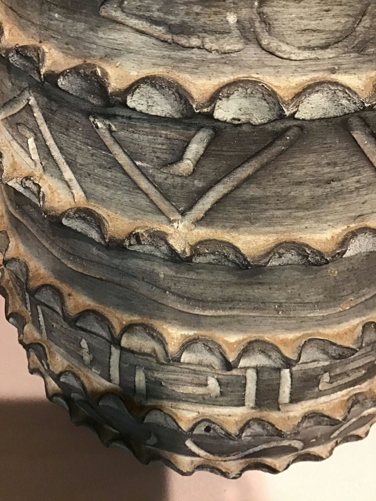 Two-handled ceramic vase with geometric relief patterns - image 2 of 2